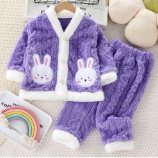 【12M-6Y】2-piece Girls Cute Bunny Pocket Coral Velvet Pajama Set