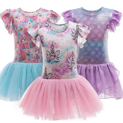 【18M-11Y】Sweet Mesh Unicorn Short Sleeve Princess Dress - 33146