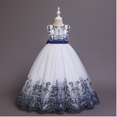 【4Y-11Y】Girls Bow Long Lace Embroidered Sleeveless Skirt - 3611