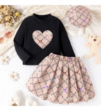 【3Y-7Y】3-piece Girl Fashion Retro Black Heart-shaped Embroidered Long-sleeved T-shirt And Bowknot Bear Print Pleated Skirt Set