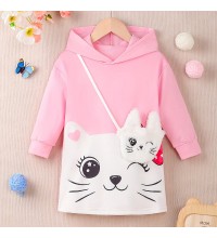 【3Y-8Y】Girl Cute Cat Print Colorblock Hooded Sweatshirt Dress With Crossbody Bag