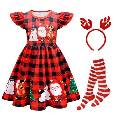 【2Y-10Y】3-piece Girls Christmas Print Short Sleeve Dress With Hair Accessories And Socks