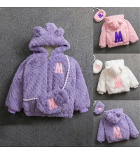 【18M-8Y】2-piece Girls Thick Letter Embroidered Hooded Fleece Jacket With Bag