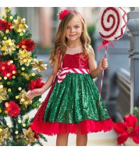 【3Y-10Y】2-piece Girls Christmas Sequin Sleeveless Princess Dress With Hairband