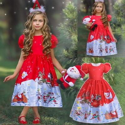 【4Y-12Y】Girls Christmas Print Short Sleeve Princess Dress