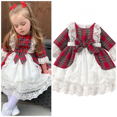 【12M-6Y】Girls White Lace Ruffle Design Red Plaid Christmas Dress