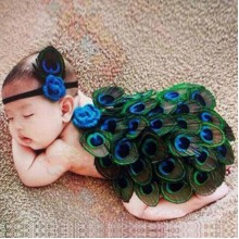 Newborn Baby Cute Girls Boys Peacock Feather Skirt   Lace Headband Crochet Photography Props Lace Costume