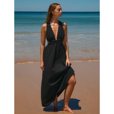 Black V Neck Plaeted Beach Dress