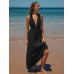 Black V Neck Plaeted Beach Dress