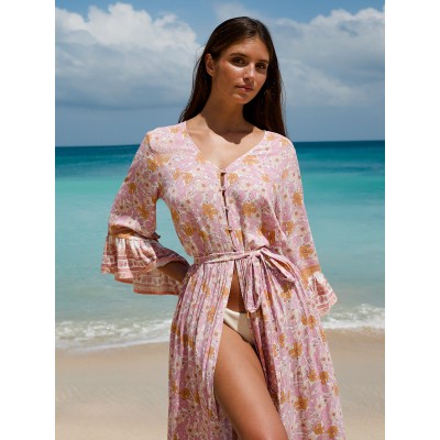 Pink Printed Ruffled Beach Dress
