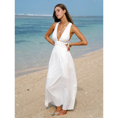 White V Neck Plaeted Beach Dress