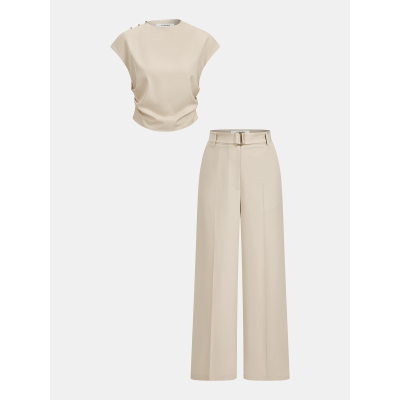 Sleeveless Ruched Top & Wide-Leg Pants Set
