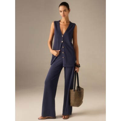 Golden Button Knit Vest Pants Set