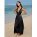 Black V Neck Plaeted Beach Dress