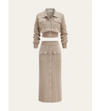 Metal Button Collared Cardigan and Midi Skirt Set