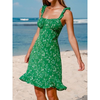 Green Floral Print Beach Dress