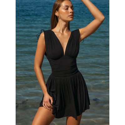 Black V Neck Ruched Beach Dress