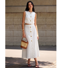 Cotton Linen Scallop Trim Vest & Skirt Set