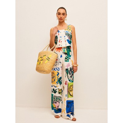 Graphic Print Crop Top With Wide-Leg Pants Set