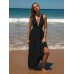 Black V Neck Plaeted Beach Dress