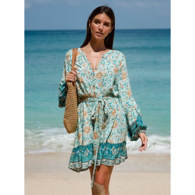 Floral Print Raglan Sleeve Beach Dress