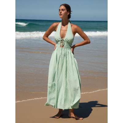 Light Green Cutout Halter Maxi Beach Dress
