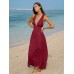 Wine Red V Neck Plaeted Beach Dress Wine Red V Neck Plaeted Beach Dress