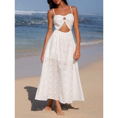 White Hollow Out Cotton Beach Dress