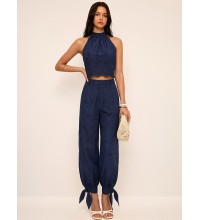 Eyelet Embroidery Top & Tie-Cuff Pants Set