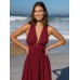 Wine Red V Neck Plaeted Beach Dress Wine Red V Neck Plaeted Beach Dress