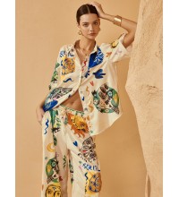 Satin Graffiti Lapel Pants Set