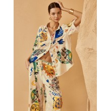 Satin Graffiti Lapel Pants Set
