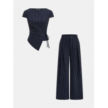 Pinstripe Wrap Tie Top & Pants Set