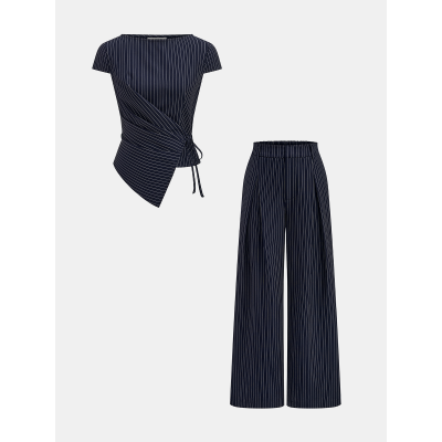 Pinstripe Wrap Tie Top & Pants Set